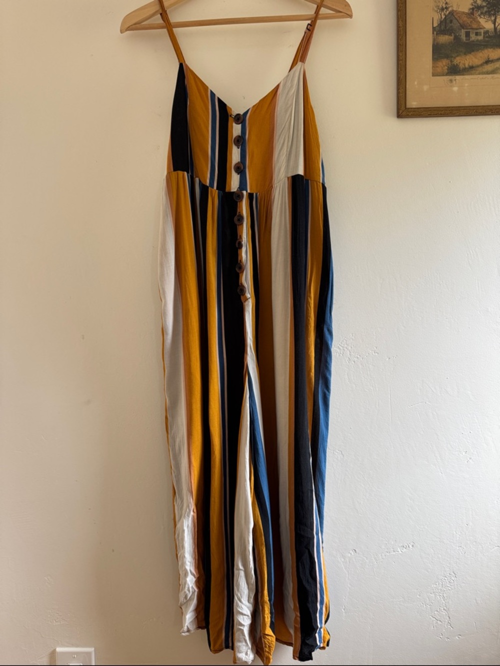 Urban Outfitters Striped Wide Leg Jumpsuit in Mustard, Navy & Cream